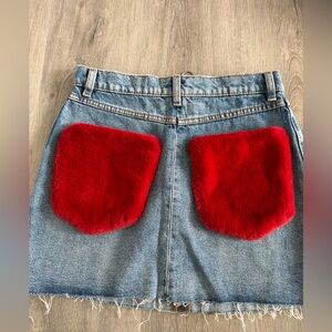 Zara Denim Mini Skirt with Red Faux Fur Back Pockets